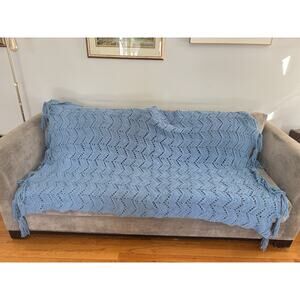 Blue Crochet Blanket Fringe 80” X 46”